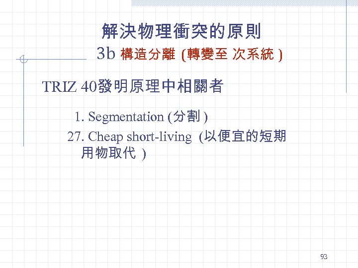 解決物理衝突的原則 3 b 構造分離 (轉變至 次系統 ) TRIZ 40發明原理中相關者 1. Segmentation (分割 ) 27.