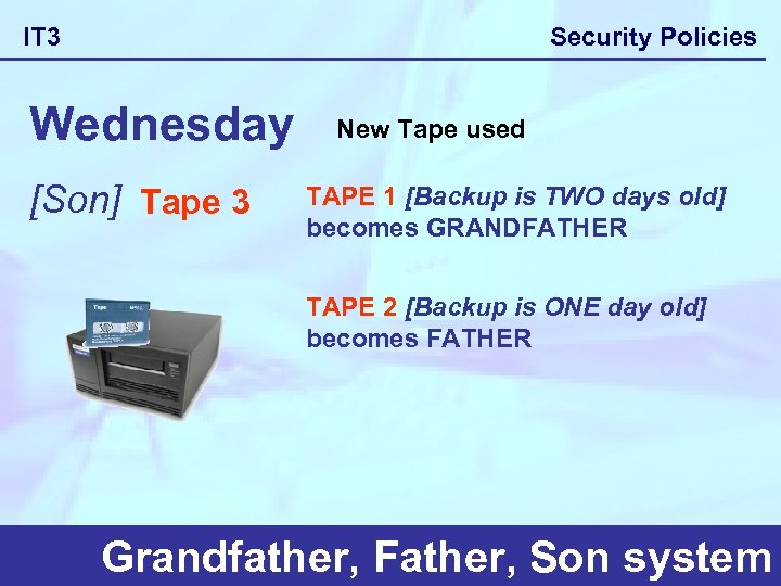 Security Policies IT 3 Wednesday [Son] Tape 3 New Tape used TAPE 1 [Backup