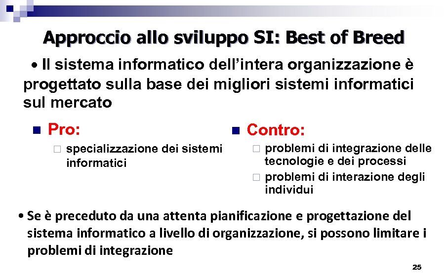 Approccio allo sviluppo SI: Best of Breed • Il sistema informatico dell’intera organizzazione è