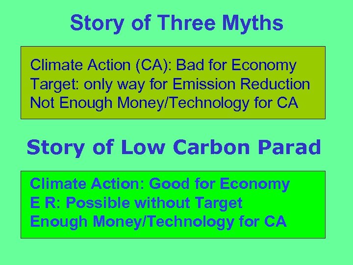 Story of Three Myths Climate Action (CA): Bad for Economy Target: only way for