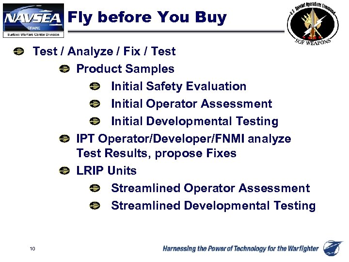 Fly before You Buy Test / Analyze / Fix / Test Product Samples Initial