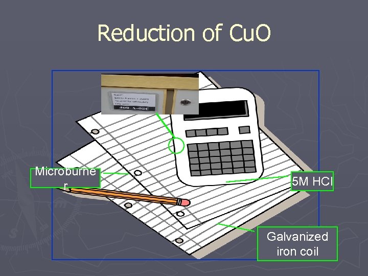 Reduction of Cu. O Microburne r 5 M HCl Galvanized iron coil 