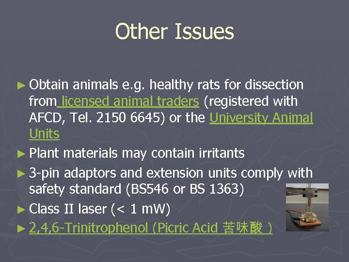 Other Issues ► Obtain animals e. g. healthy rats for dissection from licensed animal