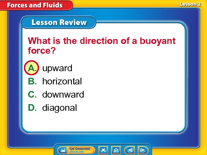 What is the direction of a buoyant force? A. B. C. D. upward horizontal