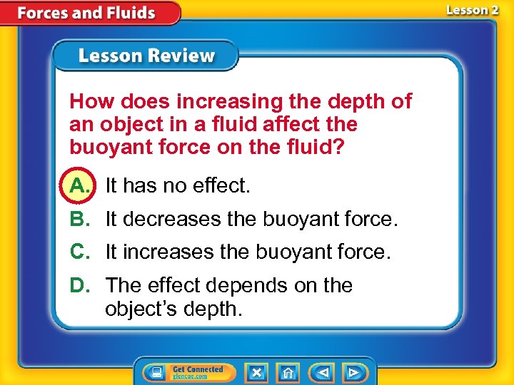 How does increasing the depth of an object in a fluid affect the buoyant