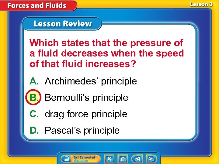 Which states that the pressure of a fluid decreases when the speed of that