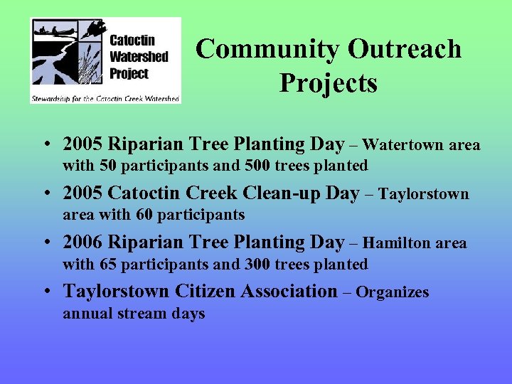 Community Outreach Projects • 2005 Riparian Tree Planting Day – Watertown area with 50