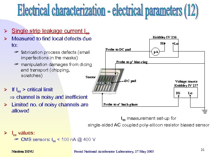 Ø Single strip leakage current Iss Keithley IV 236 Ø Measured to find local