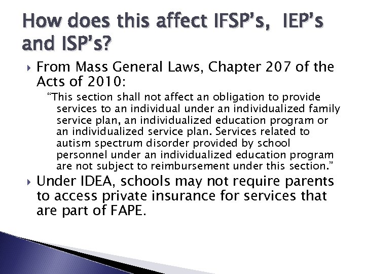 How does this affect IFSP’s, IEP’s and ISP’s? From Mass General Laws, Chapter 207