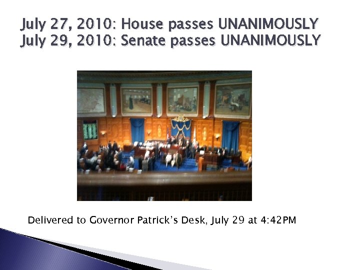 July 27, 2010: House passes UNANIMOUSLY July 29, 2010: Senate passes UNANIMOUSLY Delivered to