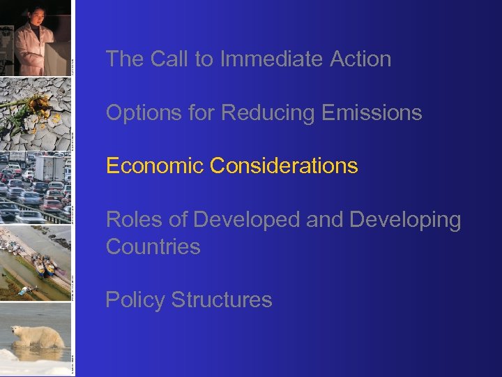 The Call to Immediate Action Options for Reducing Emissions Economic Considerations Roles of Developed
