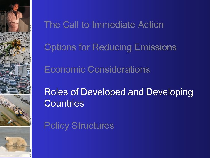 The Call to Immediate Action Options for Reducing Emissions Economic Considerations Roles of Developed