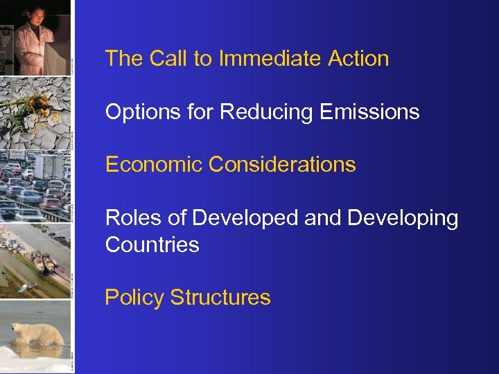 The Call to Immediate Action Options for Reducing Emissions Economic Considerations Roles of Developed