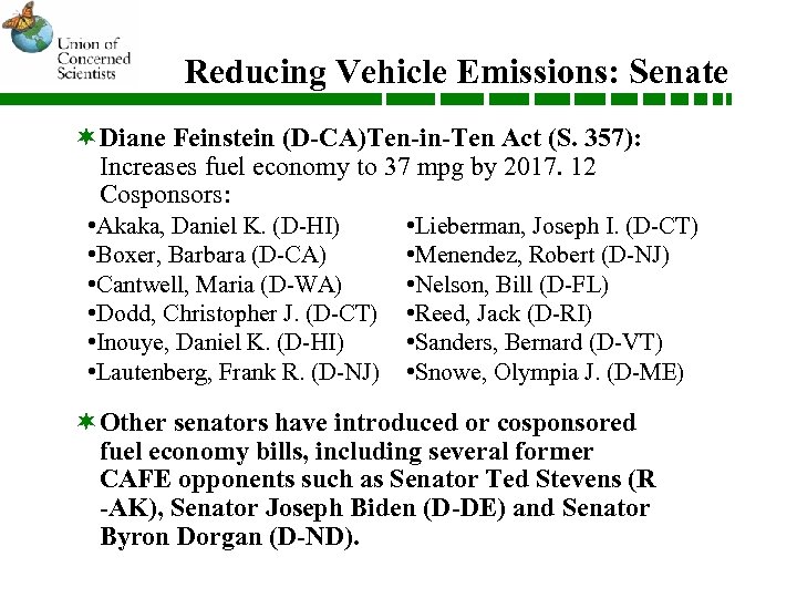 Reducing Vehicle Emissions: Senate ¬Diane Feinstein (D-CA)Ten-in-Ten Act (S. 357): Increases fuel economy to
