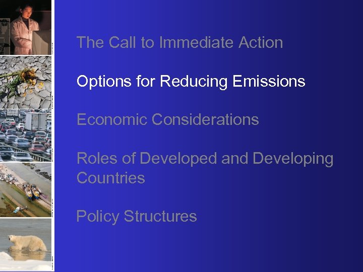The Call to Immediate Action Options for Reducing Emissions Economic Considerations Roles of Developed
