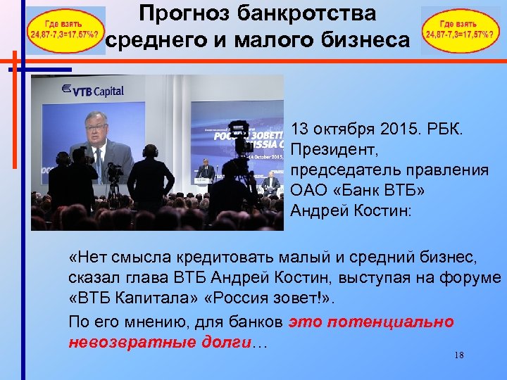 Прогноз банкротства среднего и малого бизнеса 13 октября 2015. РБК. Президент, председатель правления ОАО