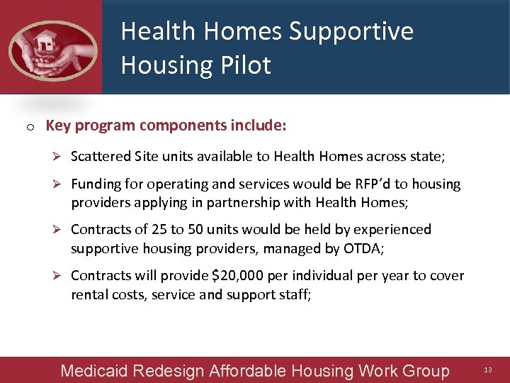 Health Homes Supportive Housing Pilot o Key program components include: Ø Scattered Site units