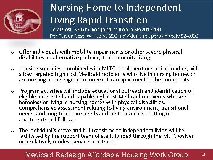 Nursing Home to Independent Living Rapid Transition Total Cost: $3. 6 million ($2. 1