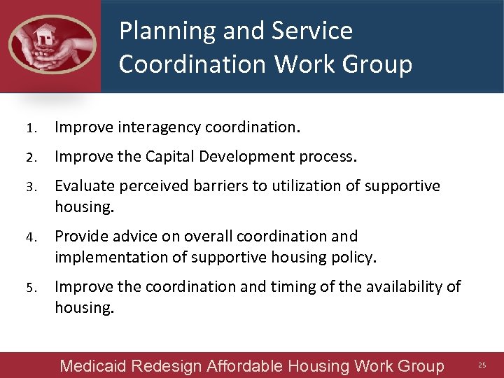 Planning and Service Coordination Work Group 1. Improve interagency coordination. 2. Improve the Capital