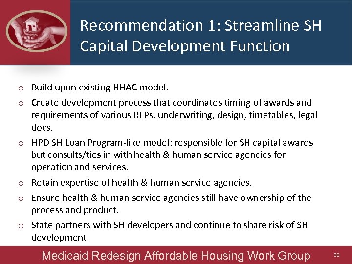 Recommendation 1: Streamline SH Capital Development Function o Build upon existing HHAC model. o