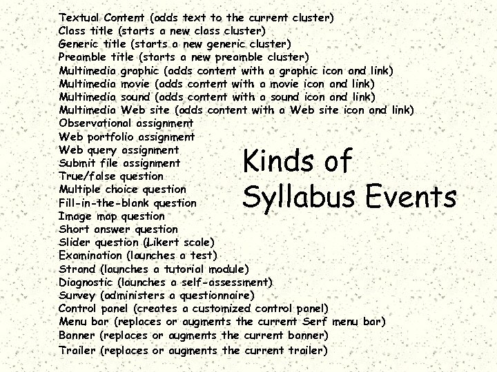 Textual Content (adds text to the current cluster) Class title (starts a new class