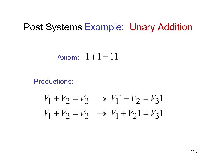 Post Systems Example: Unary Addition Axiom: Productions: 110 