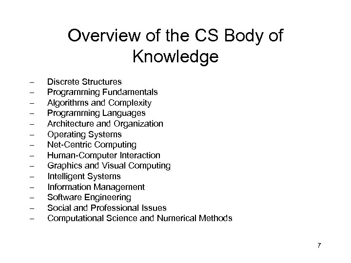 Overview of the CS Body of Knowledge – – – – Discrete Structures Programming