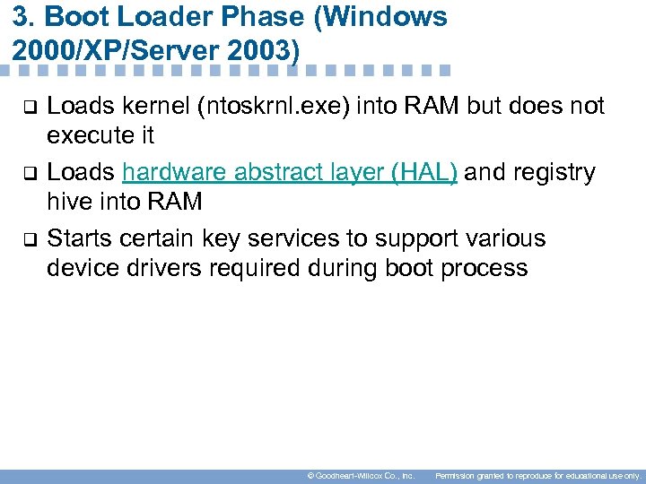 3. Boot Loader Phase (Windows 2000/XP/Server 2003) q q q Loads kernel (ntoskrnl. exe)