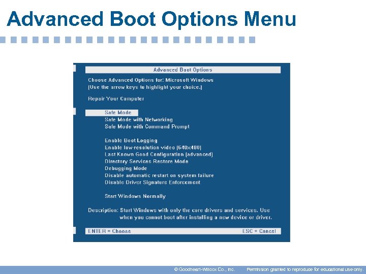 Advanced Boot Options Menu © Goodheart-Willcox Co. , Inc. Permission granted to reproduce for