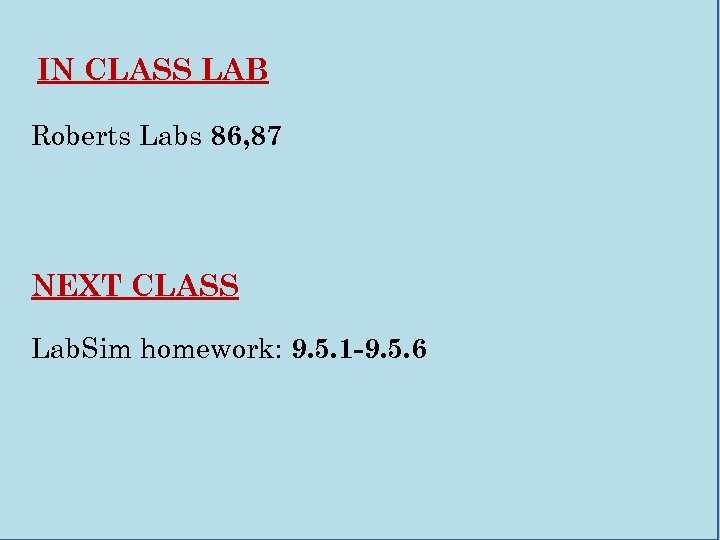 IN CLASS LAB Roberts Labs 86, 87 NEXT CLASS Lab. Sim homework: 9. 5.