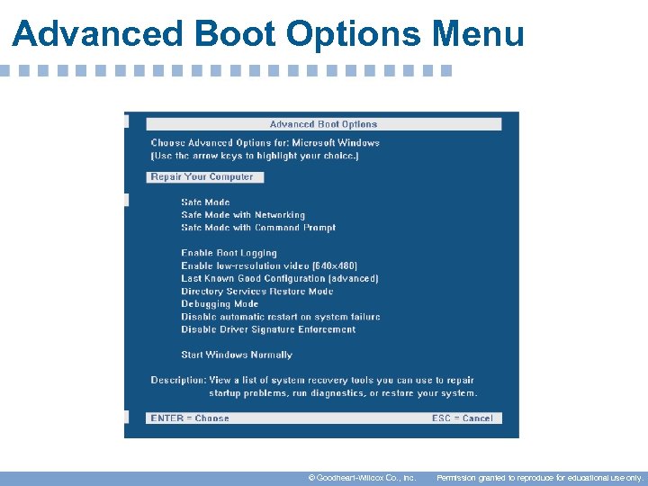 Advanced Boot Options Menu © Goodheart-Willcox Co. , Inc. Permission granted to reproduce for