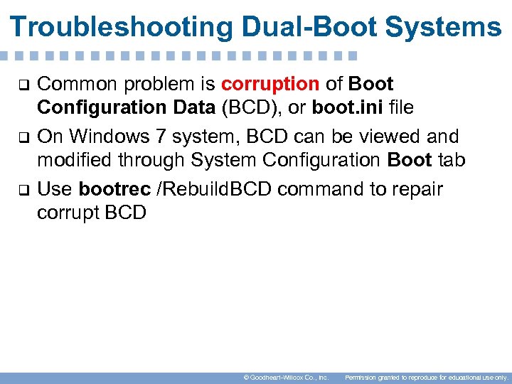 Troubleshooting Dual-Boot Systems q q q Common problem is corruption of Boot Configuration Data