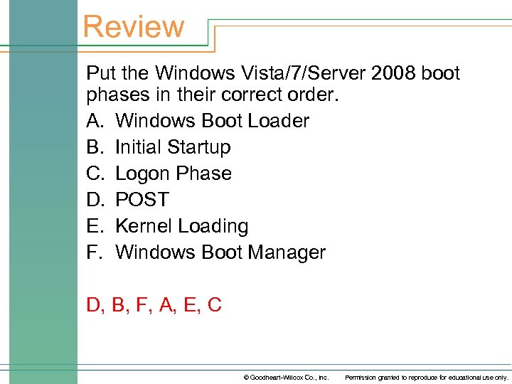 Review Put the Windows Vista/7/Server 2008 boot phases in their correct order. A. Windows