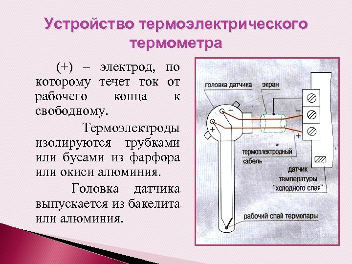 Устройство термоэлектрического термометра (+) – электрод, по которому течет ток от рабочего конца к