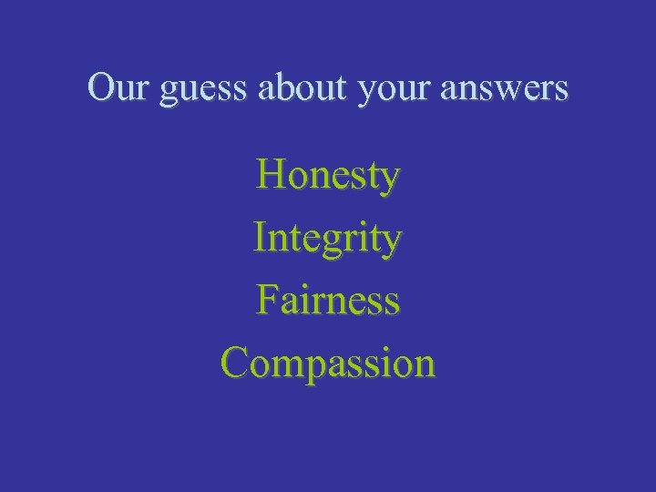 Our guess about your answers Honesty Integrity Fairness Compassion 