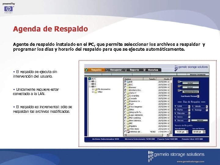 Agenda de Respaldo Agente de respaldo instalado en el PC, que permite seleccionar los