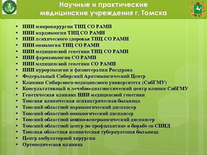 Научные и практические медицинские учреждения г. Томска • • • • • НИИ микрохирургии