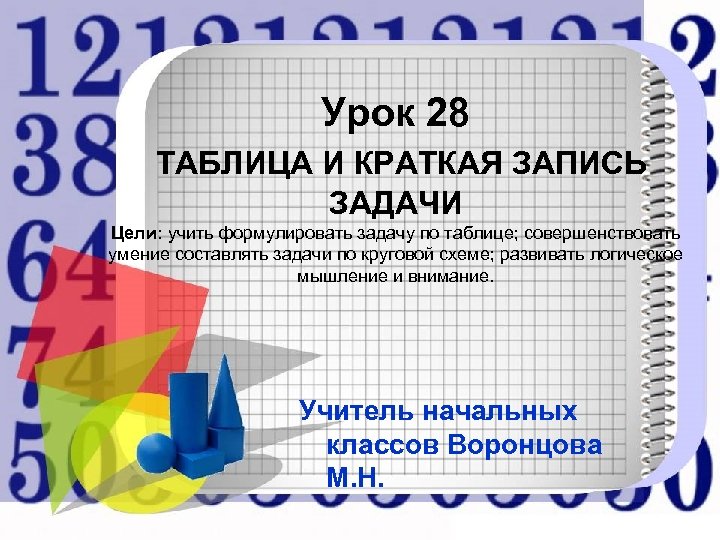 Урок 28 ТАБЛИЦА И КРАТКАЯ ЗАПИСЬ ЗАДАЧИ Цели: учить формулировать задачу по таблице; совершенствовать