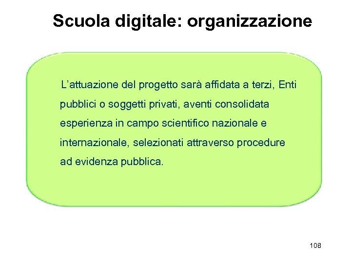 Scuola digitale: organizzazione L’attuazione del progetto sarà affidata a terzi, Enti pubblici o soggetti