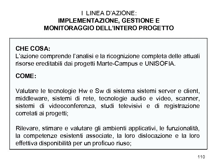 I LINEA D’AZIONE: IMPLEMENTAZIONE, GESTIONE E MONITORAGGIO DELL’INTERO PROGETTO CHE COSA: L’azione comprende l’analisi