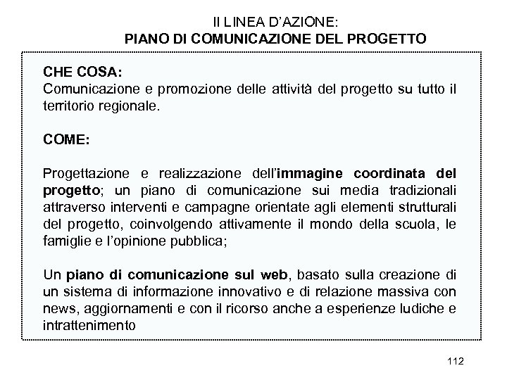 II LINEA D’AZIONE: PIANO DI COMUNICAZIONE DEL PROGETTO CHE COSA: Comunicazione e promozione delle