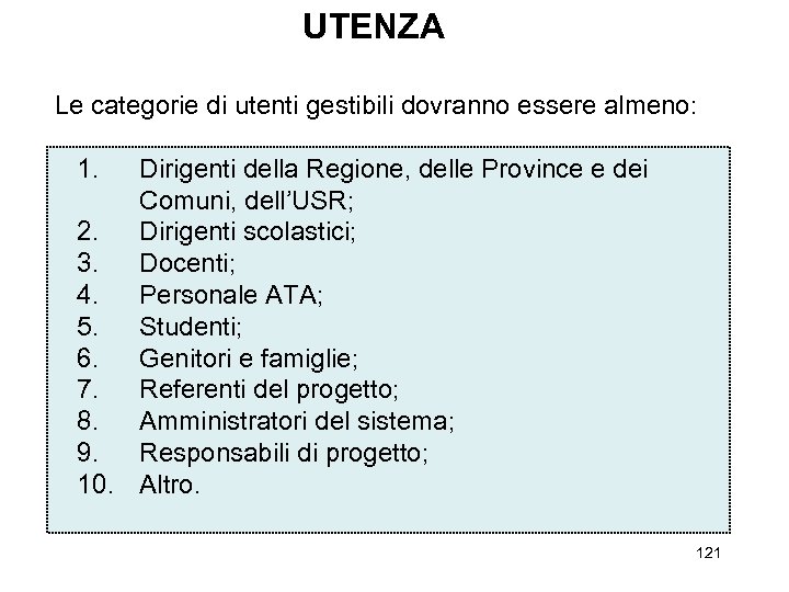 UTENZA Le categorie di utenti gestibili dovranno essere almeno: 1. Dirigenti della Regione, delle