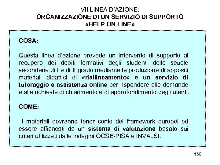 VII LINEA D’AZIONE: ORGANIZZAZIONE DI UN SERVIZIO DI SUPPORTO «HELP ON LINE» COSA: Questa