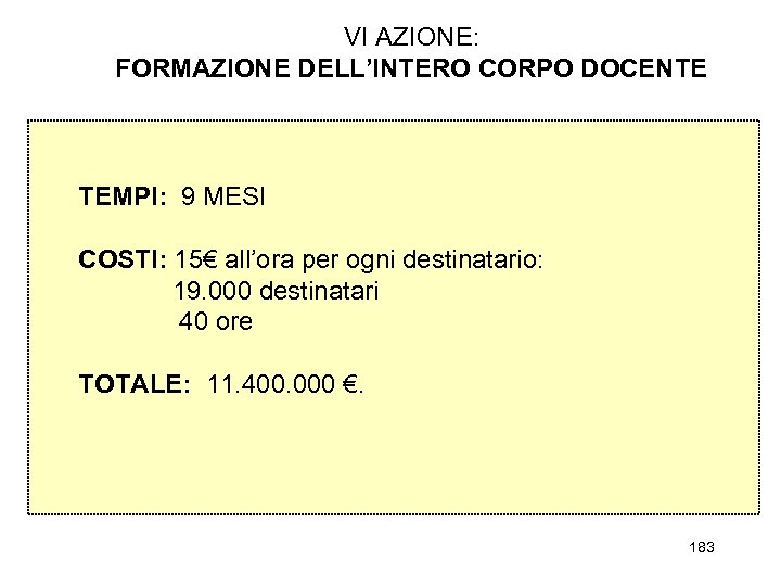 VI AZIONE: FORMAZIONE DELL’INTERO CORPO DOCENTE TEMPI: 9 MESI COSTI: 15€ all’ora per ogni