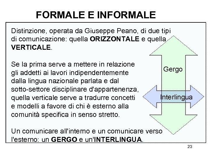 FORMALE E INFORMALE Distinzione, operata da Giuseppe Peano, di due tipi di comunicazione: quella