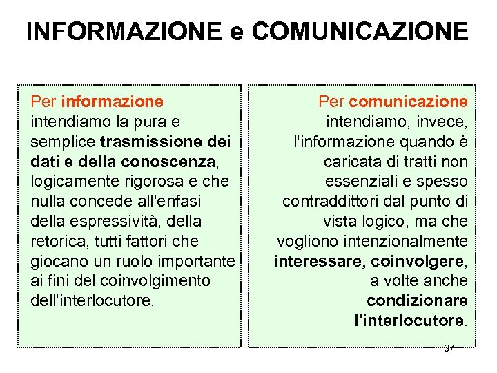 INFORMAZIONE e COMUNICAZIONE Per informazione intendiamo la pura e semplice trasmissione dei dati e