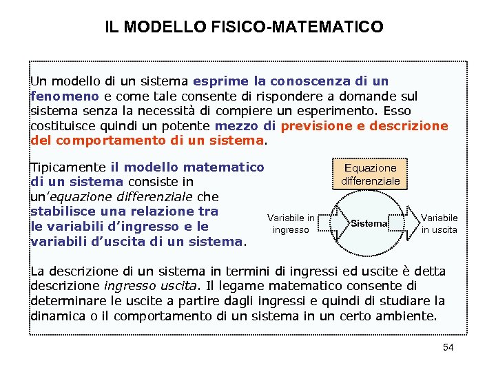 IL MODELLO FISICO-MATEMATICO Un modello di un sistema esprime la conoscenza di un fenomeno