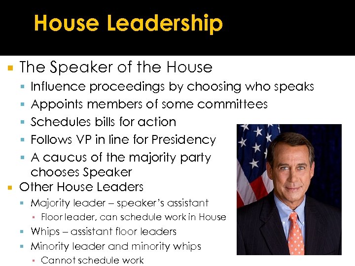 House Leadership The Speaker of the House Influence proceedings by choosing who speaks Appoints