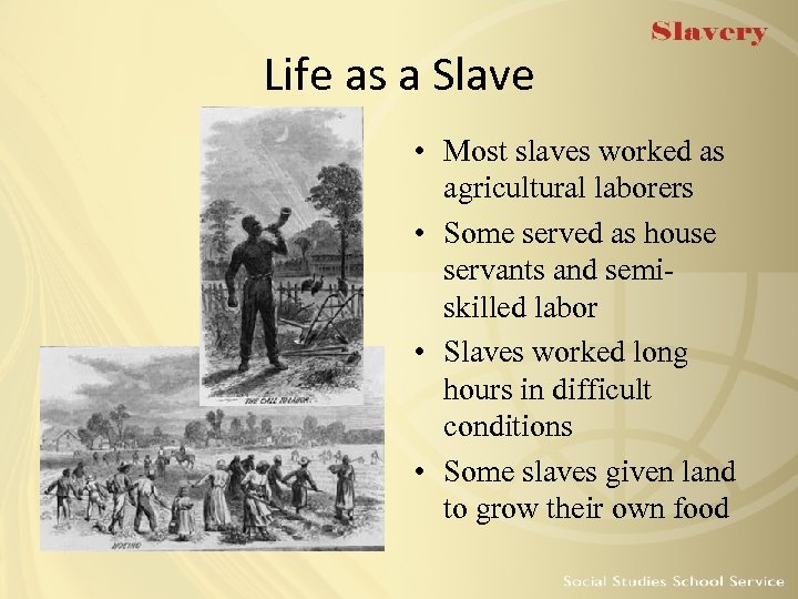 Life as a Slave • Most slaves worked as agricultural laborers • Some served