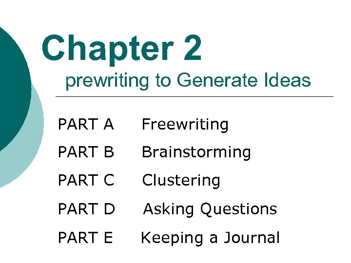 Chapter 2 prewriting to Generate Ideas PART A Freewriting PART B Brainstorming PART C
